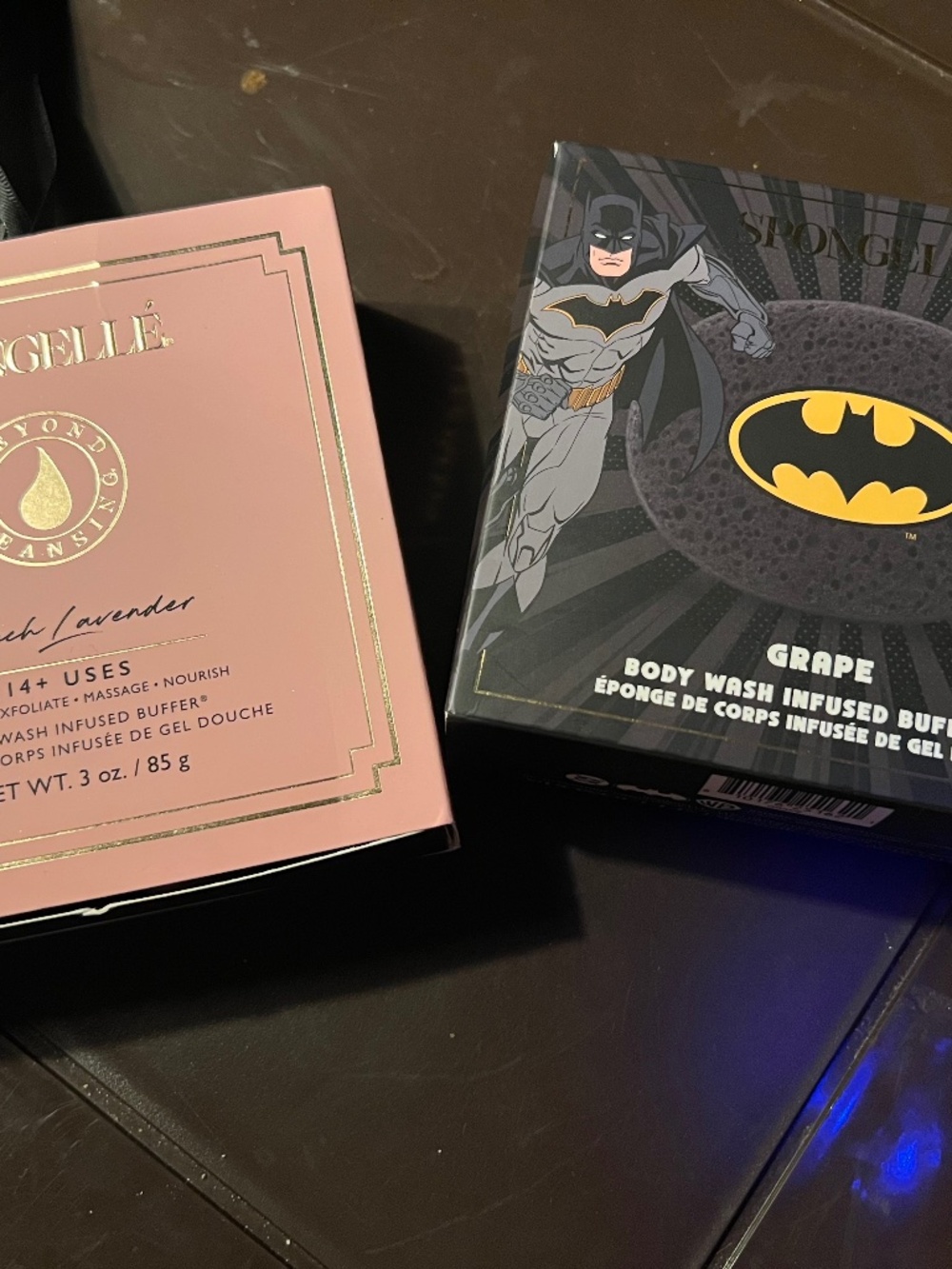 Spongelle French Lavender body wash infused sponge and Batman grape buffer